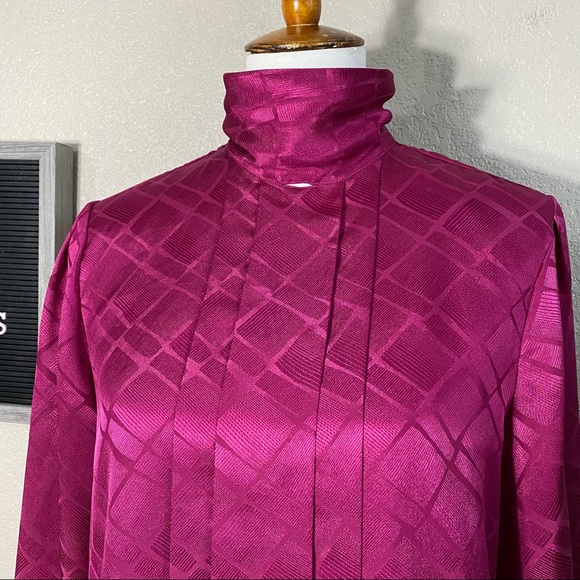 Vintage 80’s Raspberry Pleated Front High Neck Top Med - Picture 2 of 8